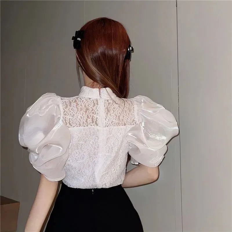 White Lace Ruffle Sleeve Blouse Top