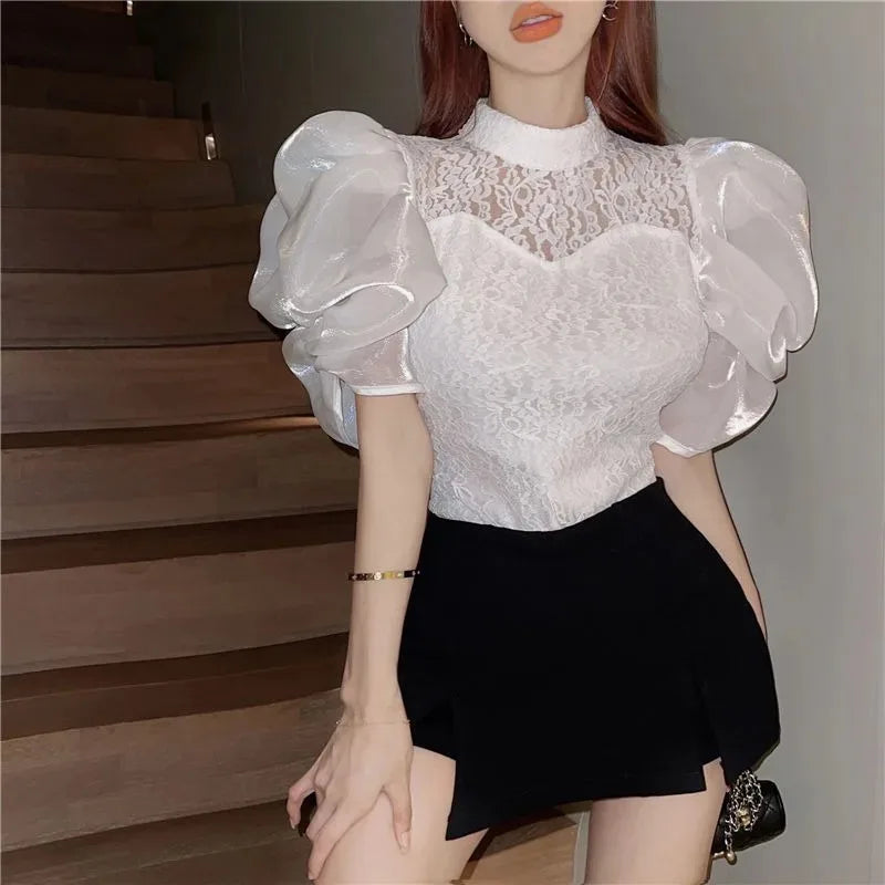 White Lace Ruffle Sleeve Blouse Top