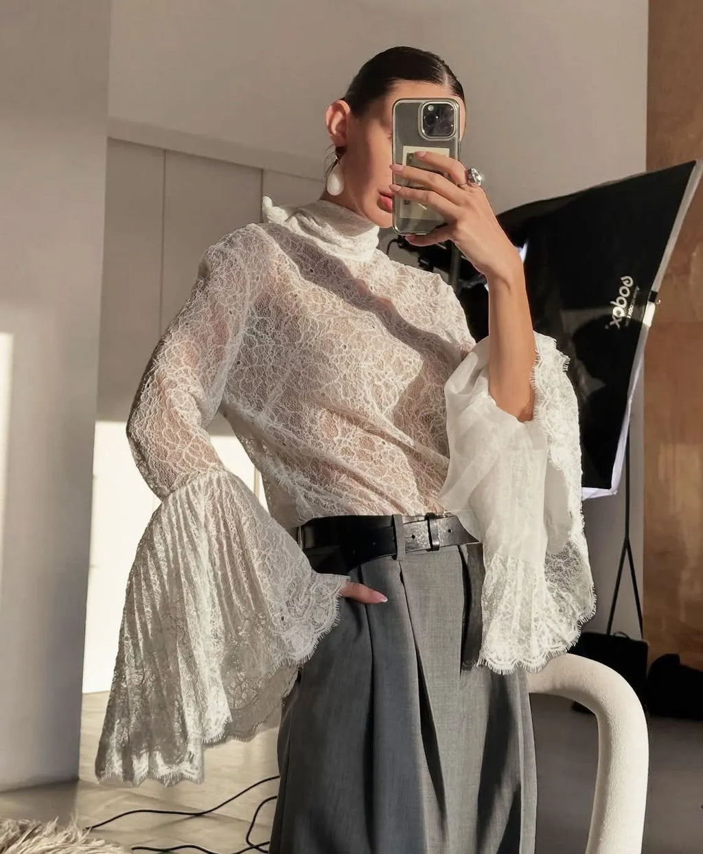 Tornova Lace Ruffle Sleeve Blouse