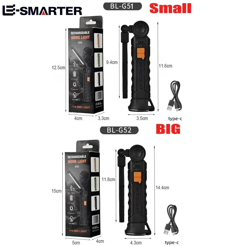 COB LED Work Light Dimmable USB Rechargeable LED Flashlight Inspection Lamp With Magnetic Hook Power Bank 18650 Battery Torch
