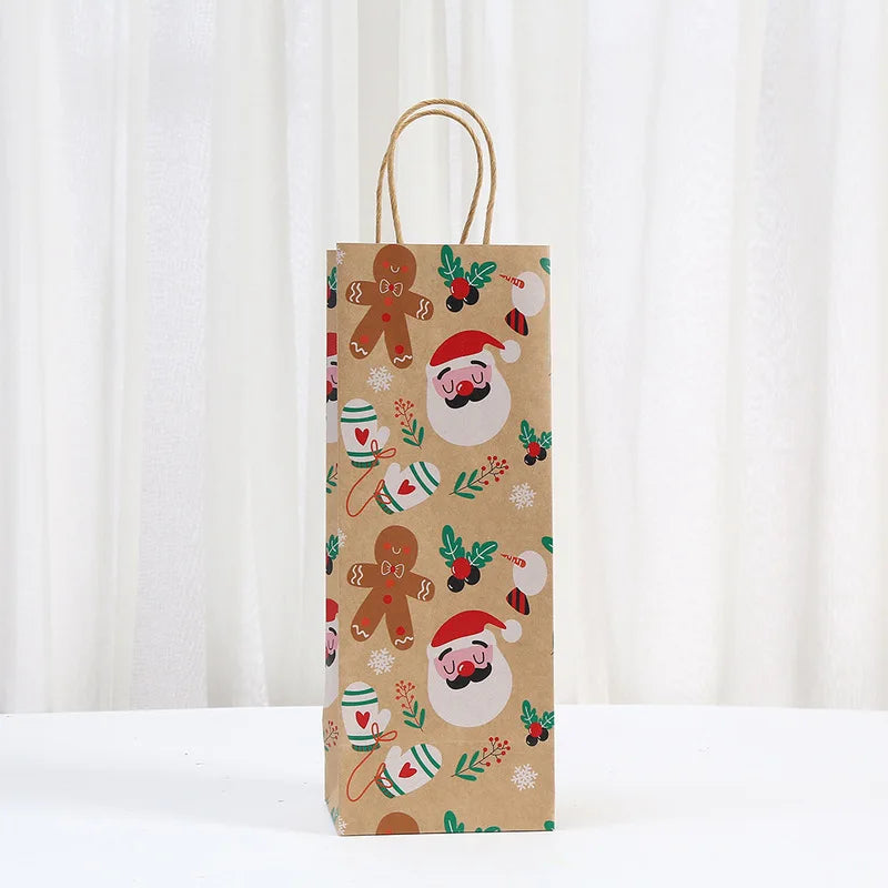 4pcs/pack Christmas Gift Bags Xmas Wine Bottle Kraft Paper Packaging Bags Santa Elk Gingerbread Man Portable Tote Bags Party