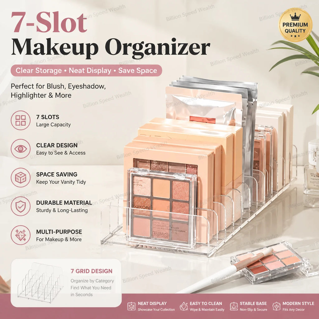 LUXE LINE Makeup Organizer Box – 7-Compartment Clear Storage Shelf for Cosmetics