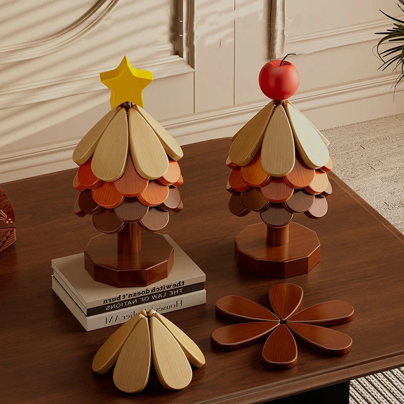 Christmas Tree Wooden Trivet Coaster Set
