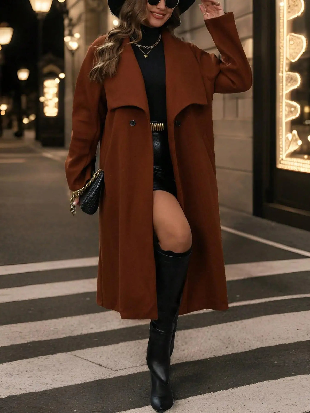 Caramel Wool Blend Oversized Lapel Coat