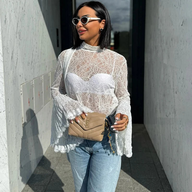 Tornova Lace Ruffle Sleeve Blouse