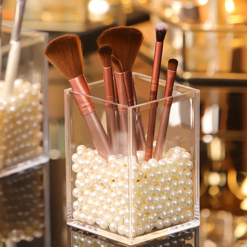 LUXE LINE Makeup Brush Pot with Brushes Storage – Acrylic Cosmetic Holder & Desk Organizer