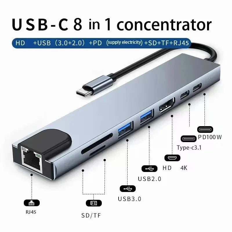 LUXE LINE 8-in-1 USB-C Hub – 4K HDMI, RJ45, SD/TF, PD Charge