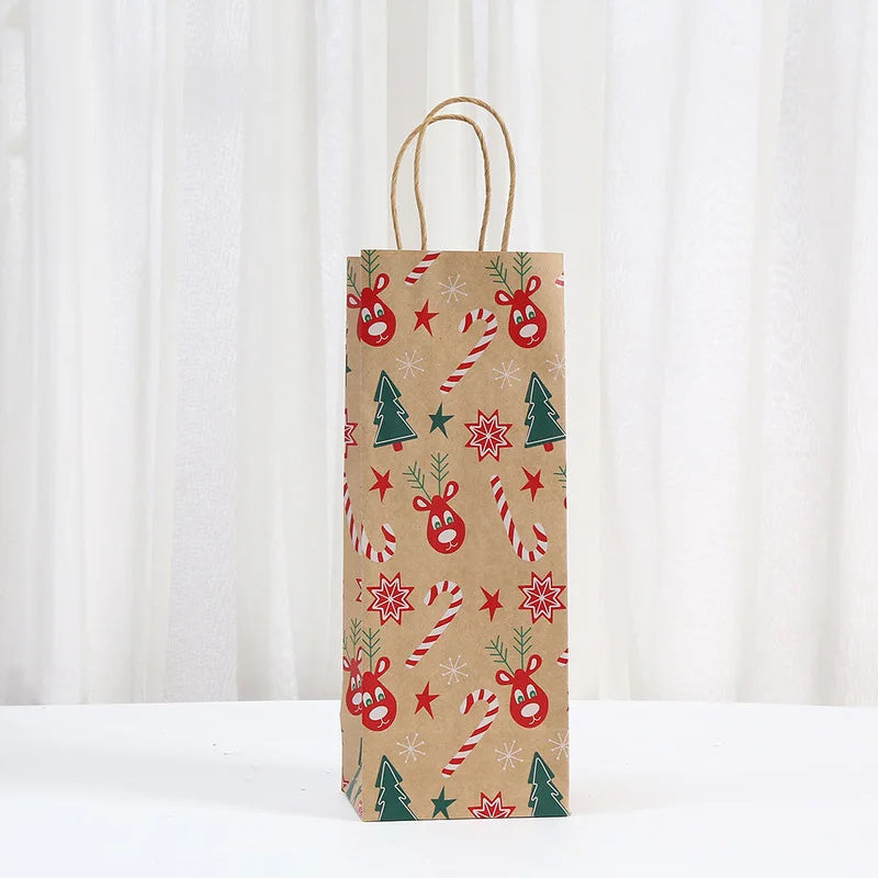 4pcs/pack Christmas Gift Bags Xmas Wine Bottle Kraft Paper Packaging Bags Santa Elk Gingerbread Man Portable Tote Bags Party