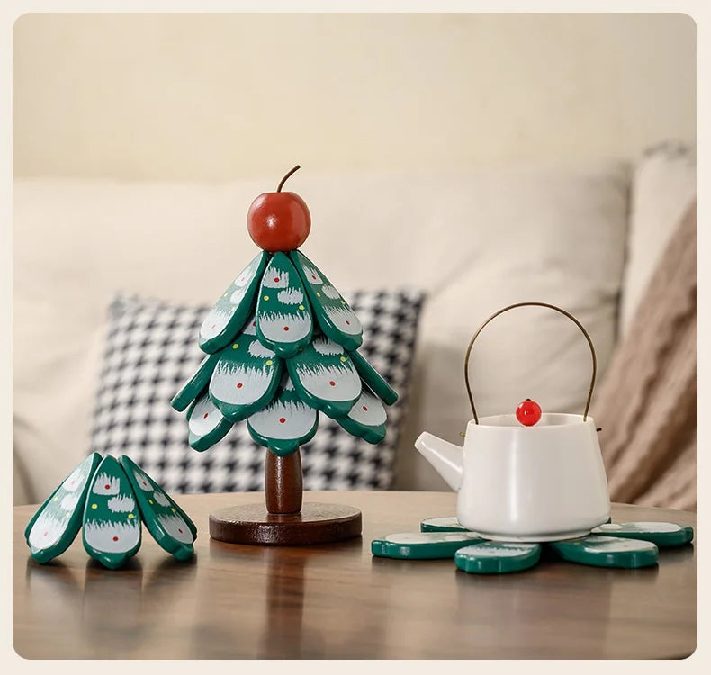 Christmas Tree Wooden Trivet Coaster Set