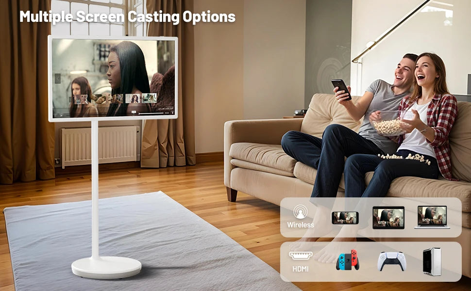 24 Inch Portable Smart TV on Wheels Wireless Interactive Monitor Free Standing Mobile Display for Indoor Use Home Office