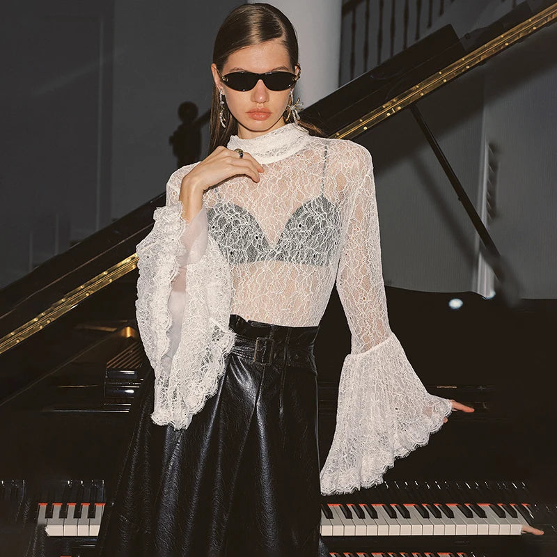 Tornova Lace Ruffle Sleeve Blouse