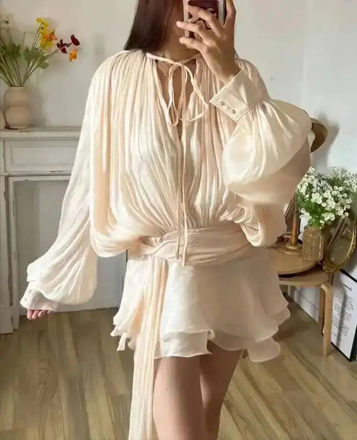 Beige Lace-Up Mini Dress