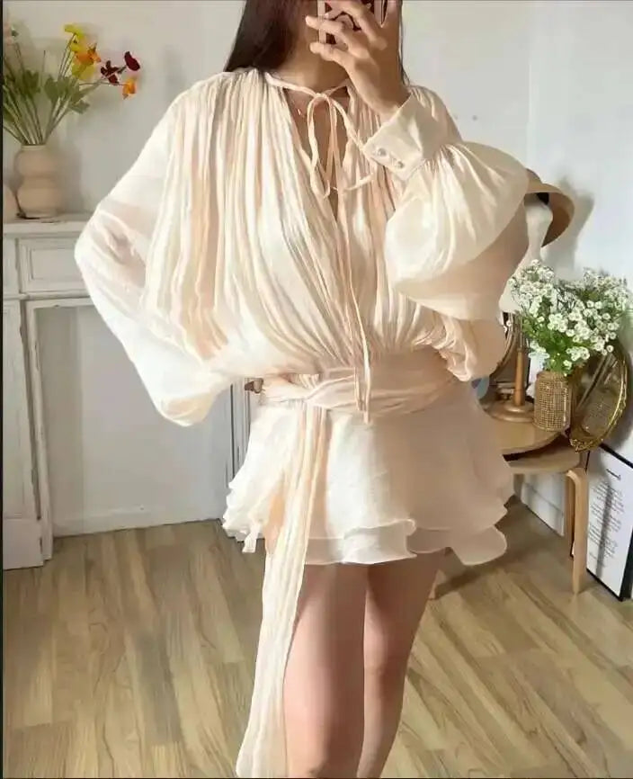 Women's Chiffon V-Neck Lace-Up Mini Dress