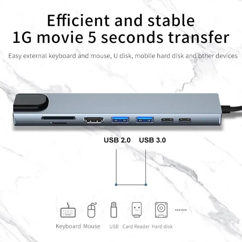 LUXE LINE 8-in-1 USB-C Hub – 4K HDMI, RJ45, SD/TF, PD Charge