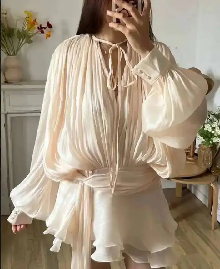 Women's Chiffon V-Neck Lace-Up Mini Dress