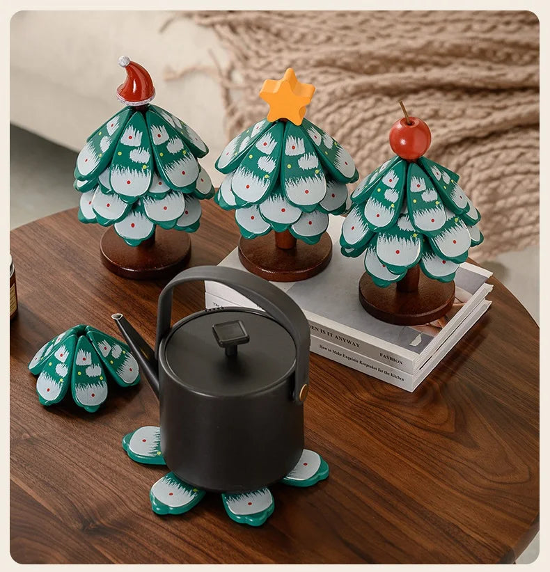 Christmas Tree Wooden Trivet Coaster Set
