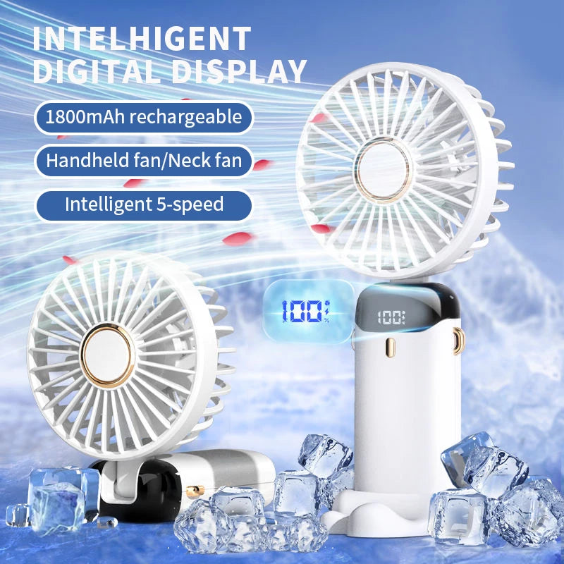 Handheld Mini Fan Foldable Portable Neck Hanging Fans 5 Speed USB Rechargeable Fan with Phone Stand and Display Screen 1800mAh