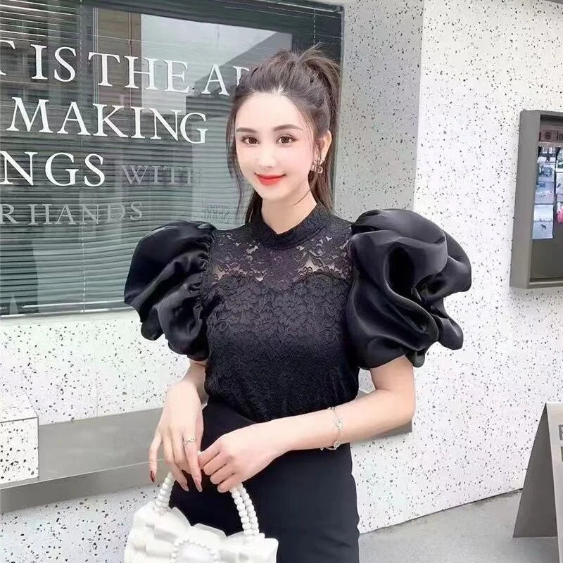 White Lace Ruffle Sleeve Blouse Top