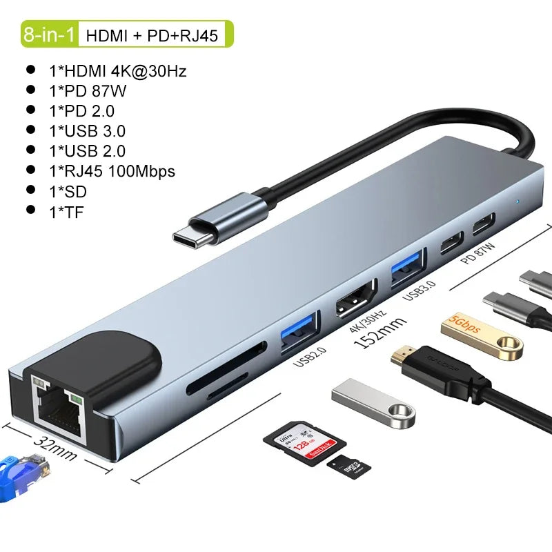 LUXE LINE 8-in-1 USB-C Hub – 4K HDMI, RJ45, SD/TF, PD Charge