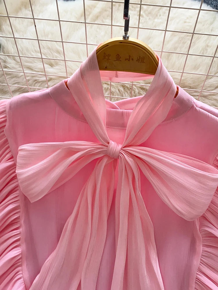 Women Blouse Elegant Bow-detailed Chiffon Blouse Ruffle Hem Featuring Lghtweight Layering Piece Spring Summer Blusa Top BL341