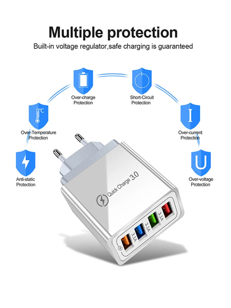 LUXE LINE 4-Port USB Quick Charger – EU/US 3A Wall Adapter