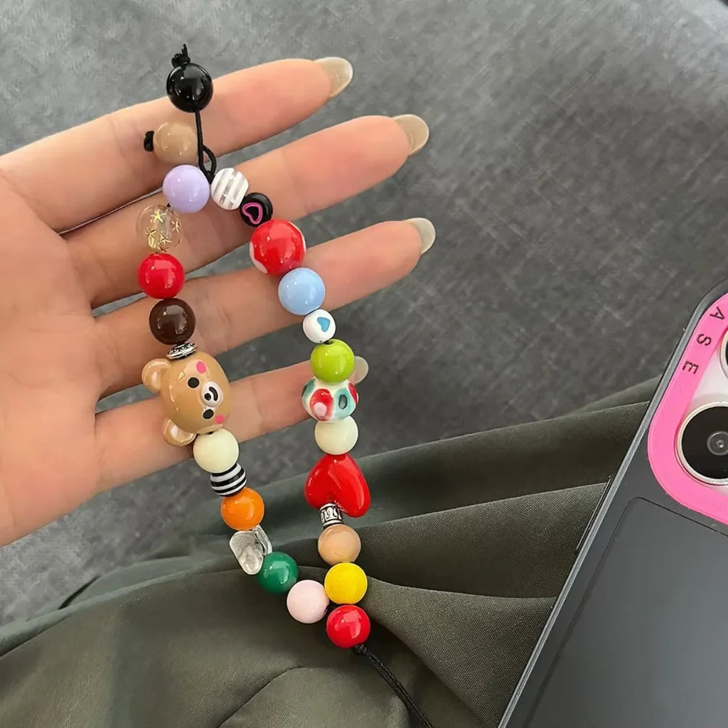 LUXE LINE Bear Beaded Phone Wrist Strap with Heart Charm