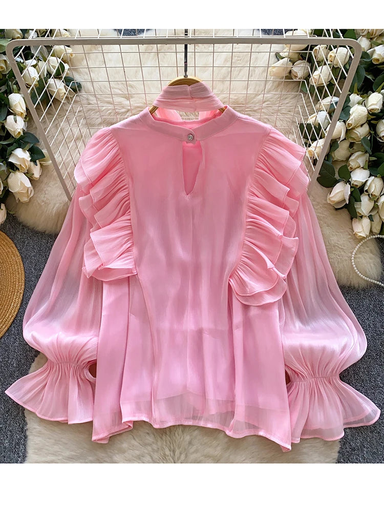 Women Blouse Elegant Bow-detailed Chiffon Blouse Ruffle Hem Featuring Lghtweight Layering Piece Spring Summer Blusa Top BL341