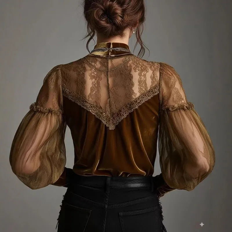 Velvet Mesh Lace Collar Blouse