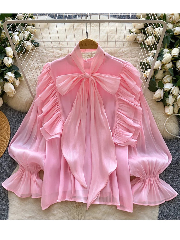 Women Blouse Elegant Bow-detailed Chiffon Blouse Ruffle Hem Featuring Lghtweight Layering Piece Spring Summer Blusa Top BL341