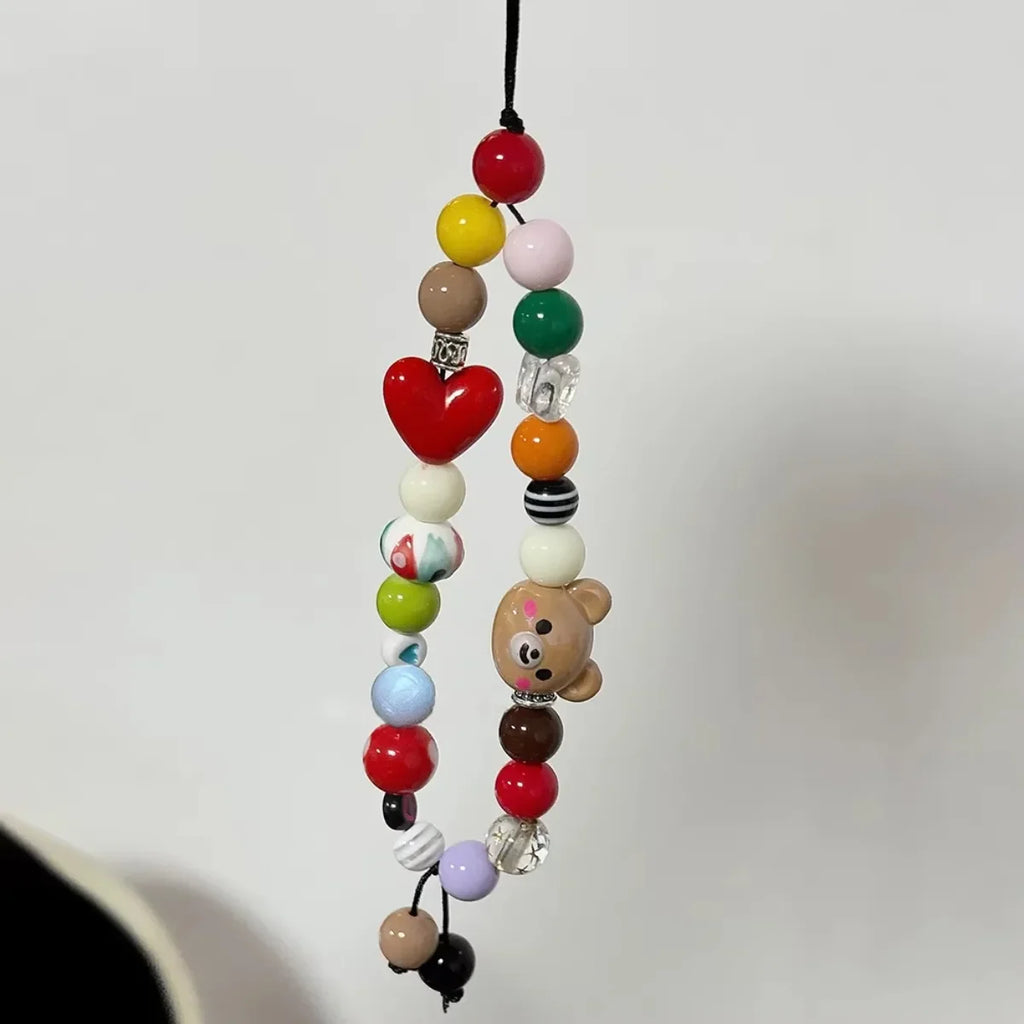 LUXE LINE Bear Beaded Phone Wrist Strap with Heart Charm