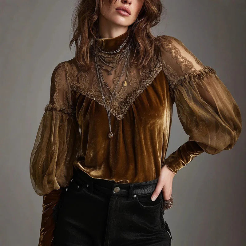Velvet Mesh Lace Collar Blouse