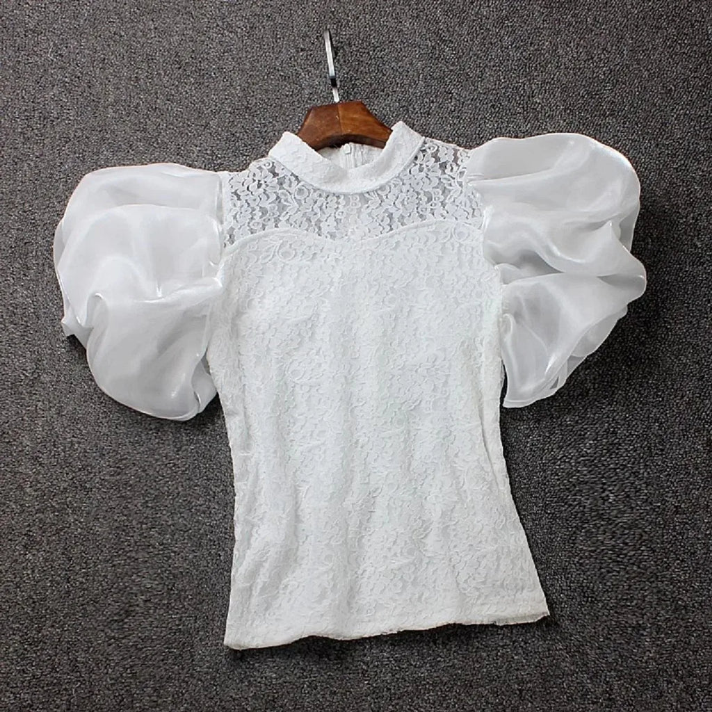 White Lace Ruffle Sleeve Blouse Top