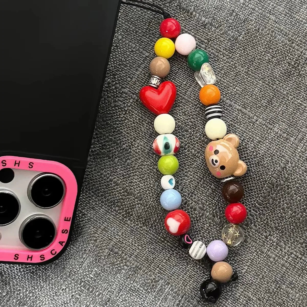 LUXE LINE Bear Beaded Phone Wrist Strap with Heart Charm