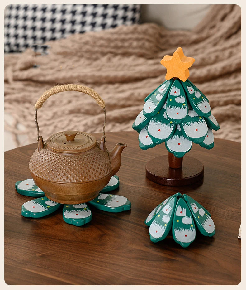 Christmas Tree Wooden Trivet Coaster Set