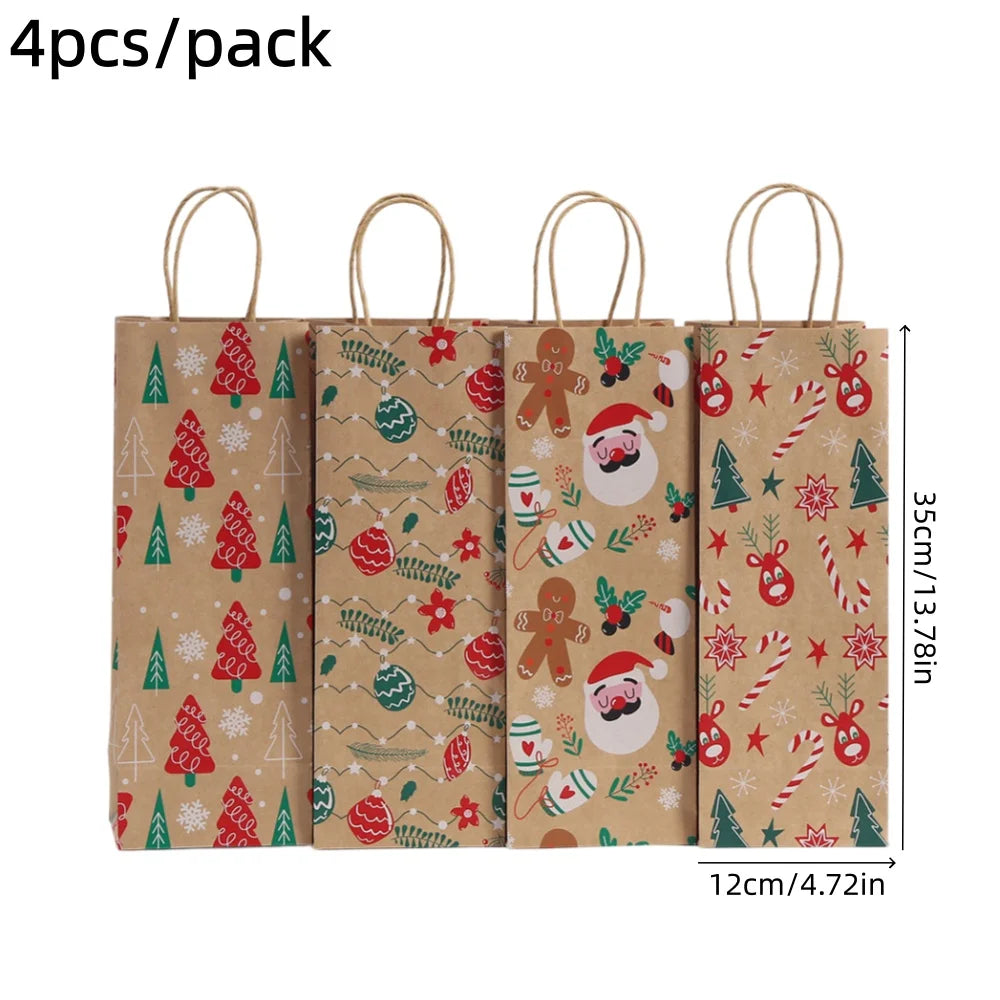 4pcs/pack Christmas Gift Bags Xmas Wine Bottle Kraft Paper Packaging Bags Santa Elk Gingerbread Man Portable Tote Bags Party