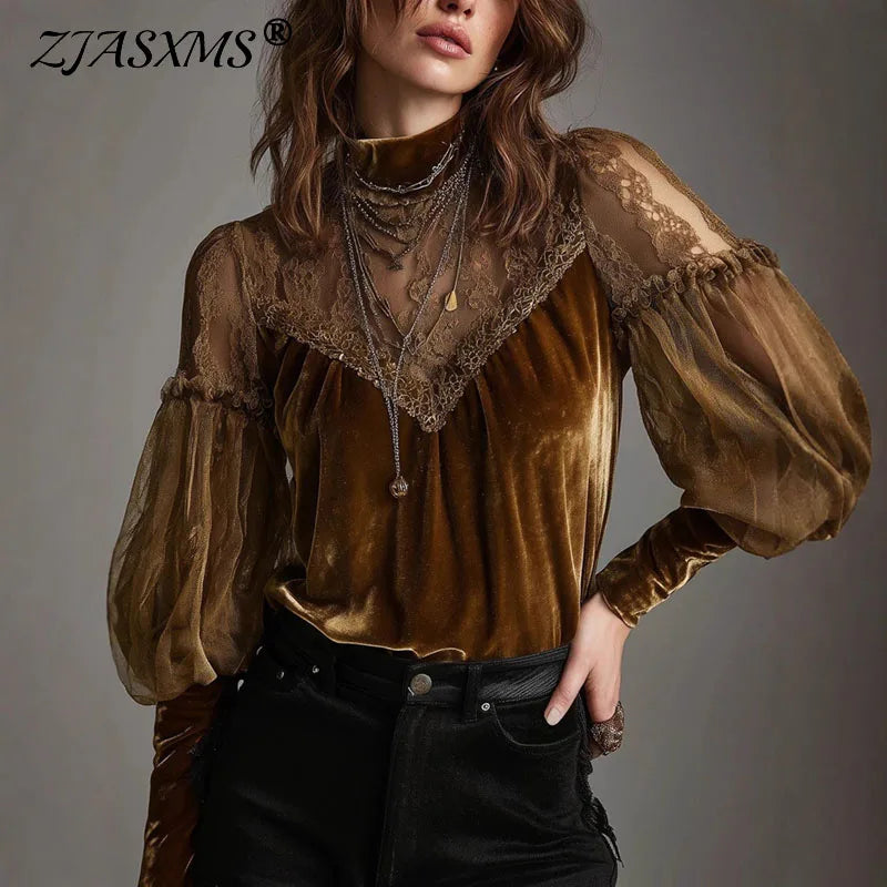 Chic Velvet Mesh Lace Pullover Top