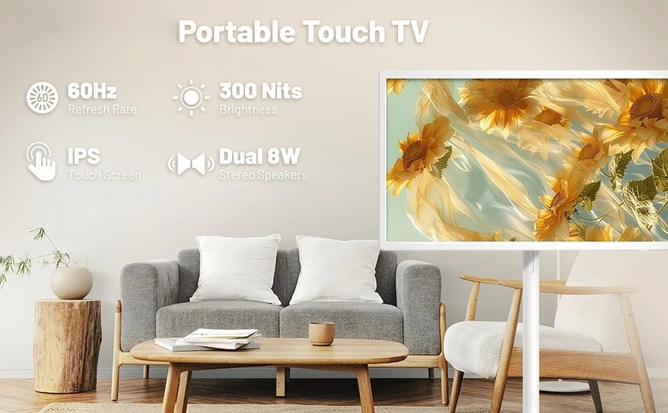 24 Inch Portable Smart TV on Wheels Wireless Interactive Monitor Free Standing Mobile Display for Indoor Use Home Office