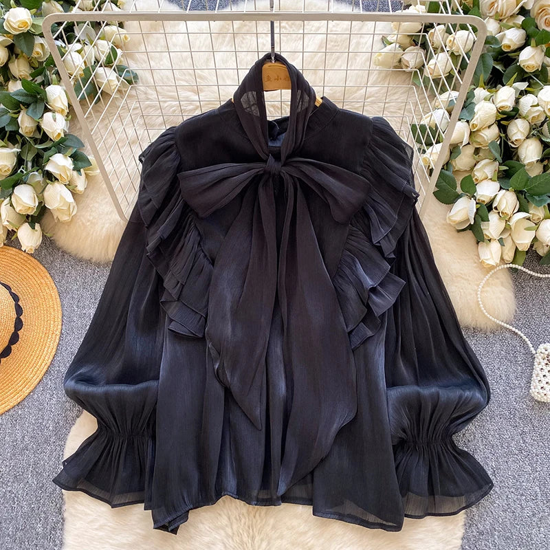 Women Blouse Elegant Bow-detailed Chiffon Blouse Ruffle Hem Featuring Lghtweight Layering Piece Spring Summer Blusa Top BL341
