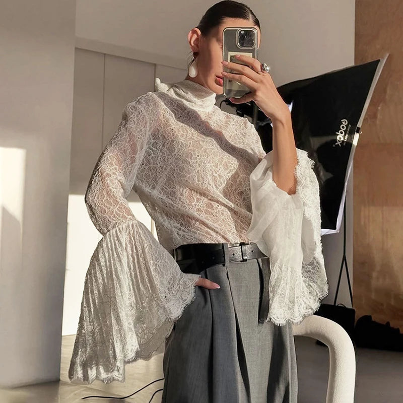 Tornova Lace Ruffle Sleeve Blouse