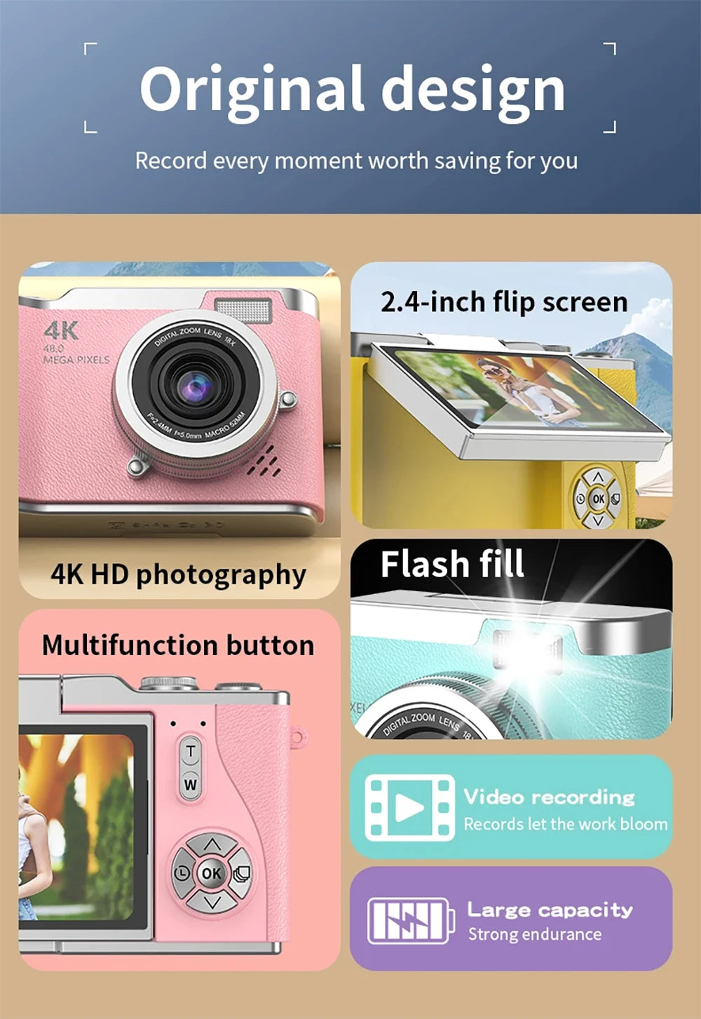 4K Digital Camera 48MP Kid Camera Autofocus Vlogging Camera 2.4inches Flip the Screen 180° for Kid Adult Beginners Portable Cam