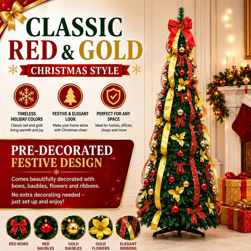 Pre-Lit Red & Gold Decorated Christmas Tree