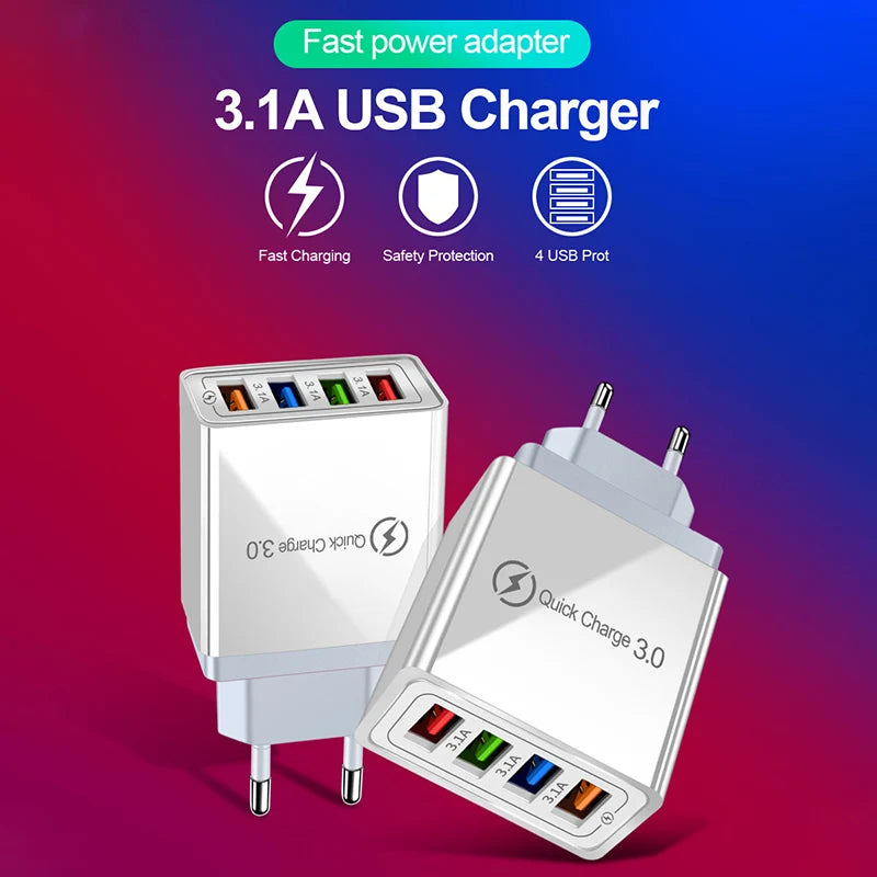 LUXE LINE 4-Port USB Quick Charger – EU/US 3A Wall Adapter