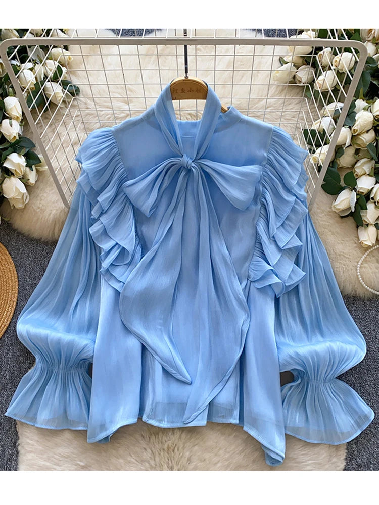 Women Blouse Elegant Bow-detailed Chiffon Blouse Ruffle Hem Featuring Lghtweight Layering Piece Spring Summer Blusa Top BL341