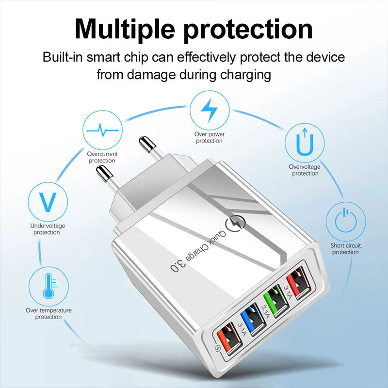 LUXE LINE 4-Port USB Quick Charger – EU/US 3A Wall Adapter