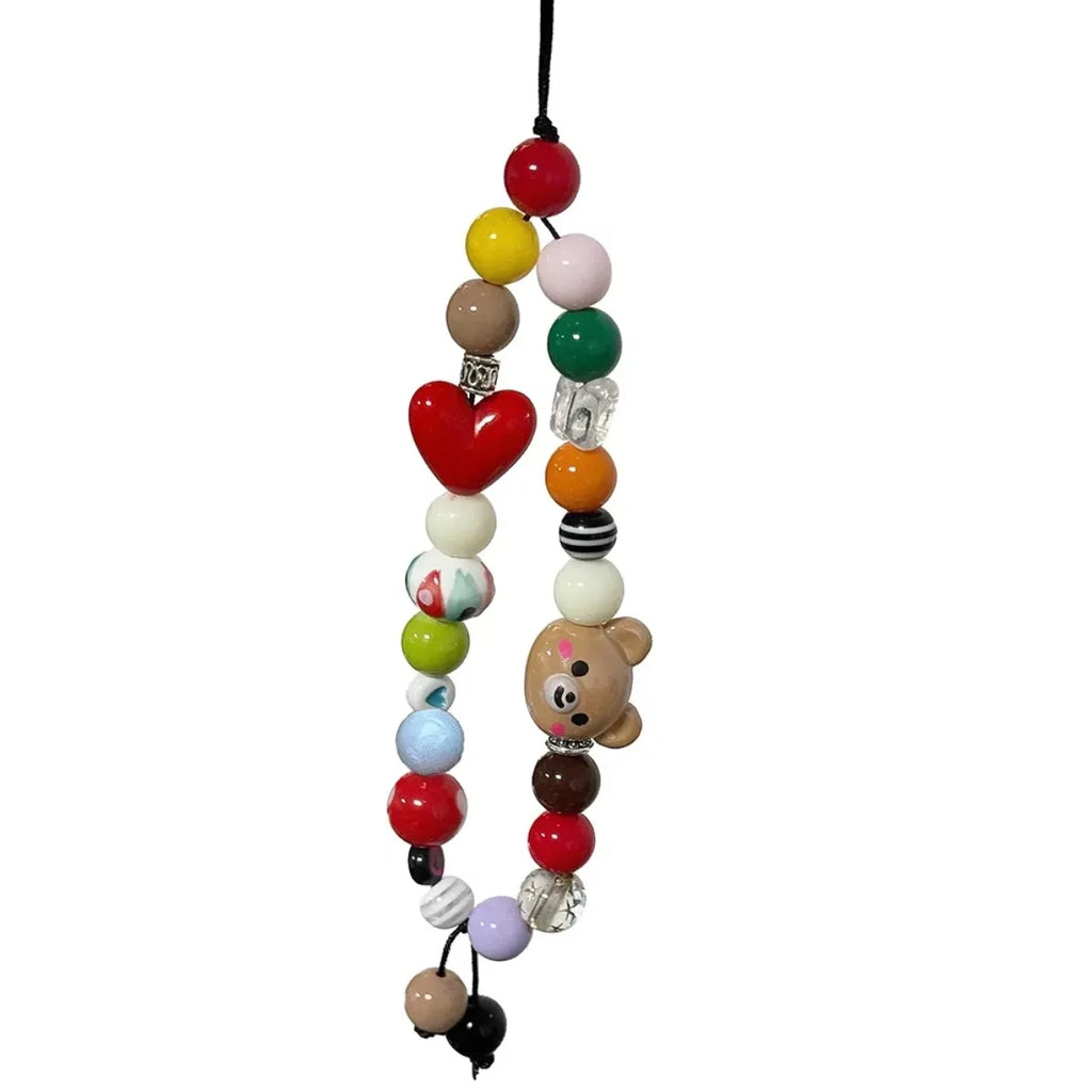 LUXE LINE Bear Beaded Phone Wrist Strap with Heart Charm