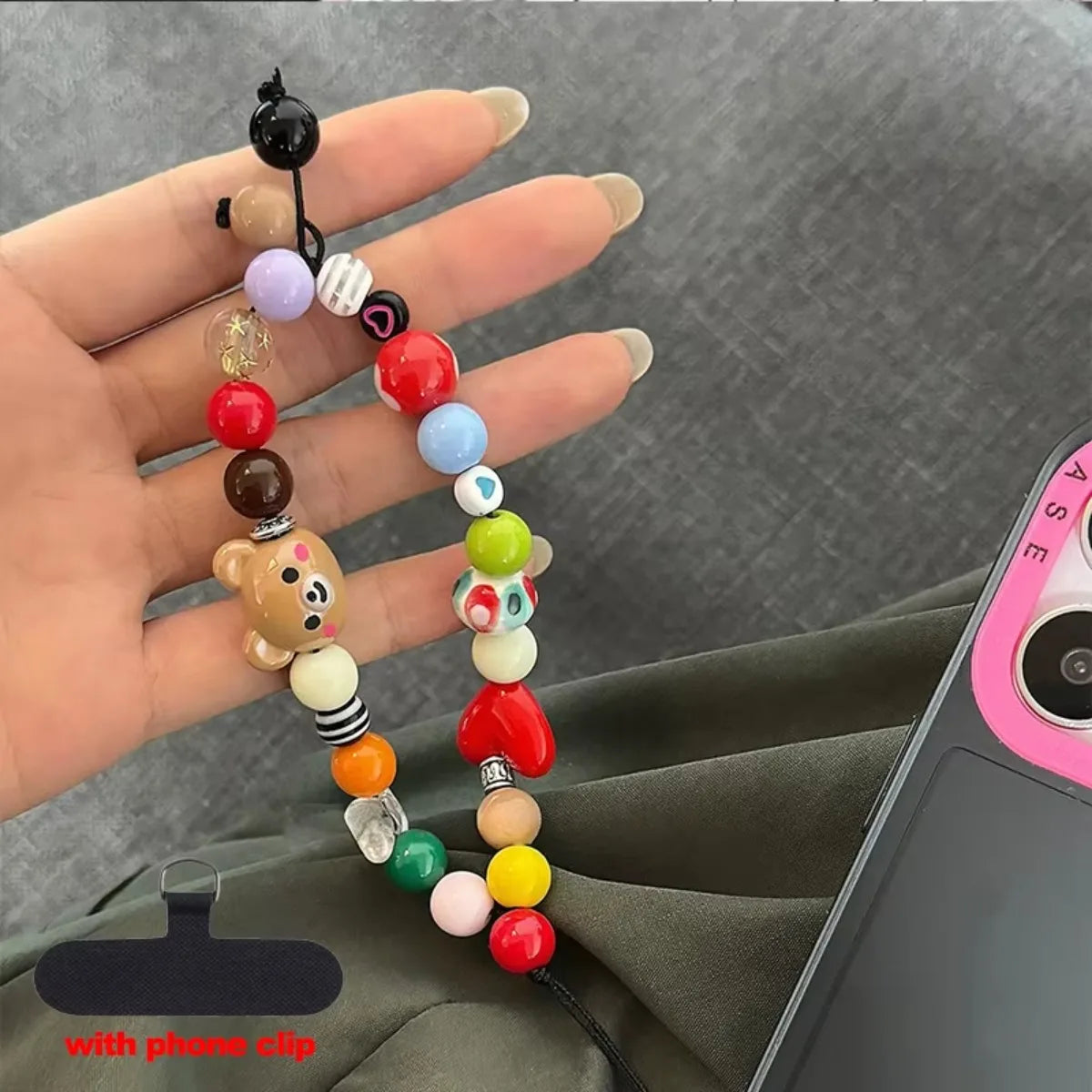 LUXE LINE Bear Beaded Phone Wrist Strap with Heart Charm