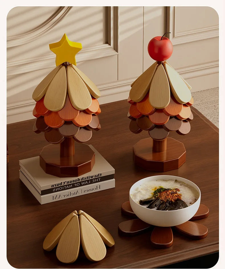Christmas Tree Wooden Trivet Coaster Set