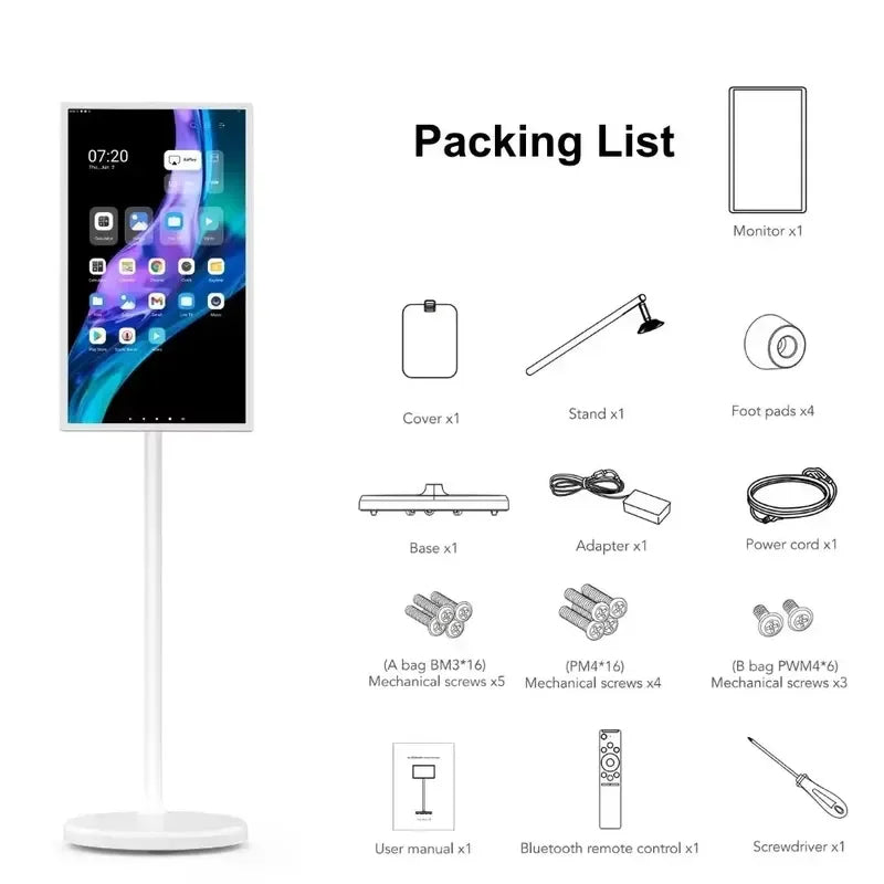 24 Inch Portable Smart TV on Wheels Wireless Interactive Monitor Free Standing Mobile Display for Indoor Use Home Office
