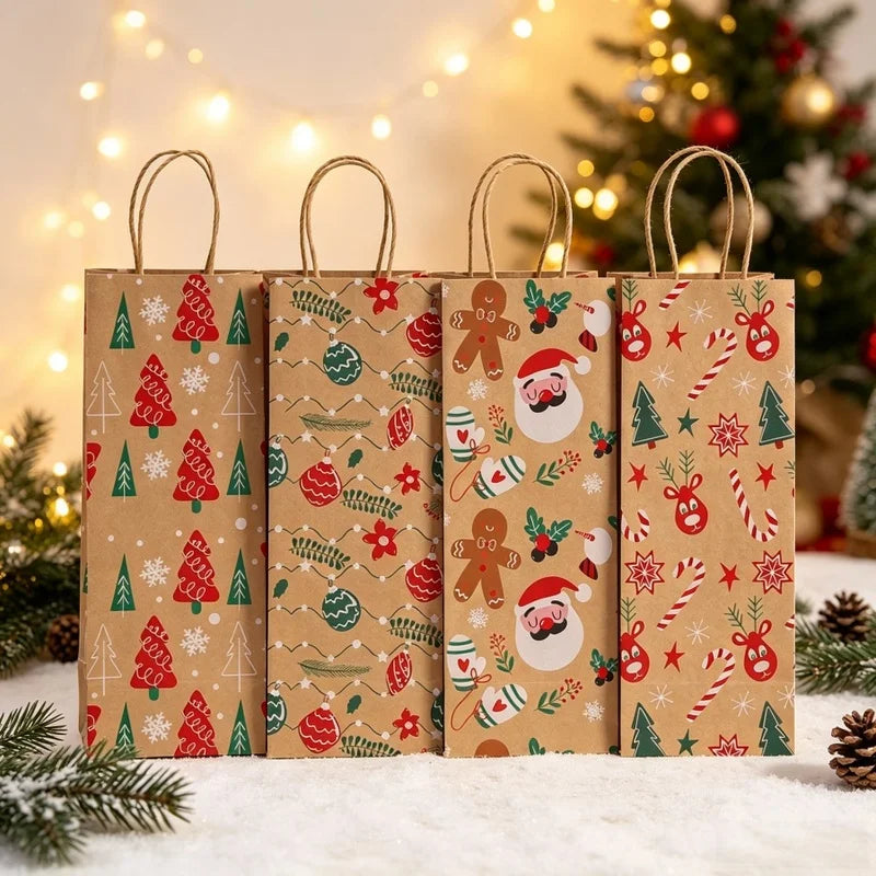 4pcs/pack Christmas Gift Bags Xmas Wine Bottle Kraft Paper Packaging Bags Santa Elk Gingerbread Man Portable Tote Bags Party