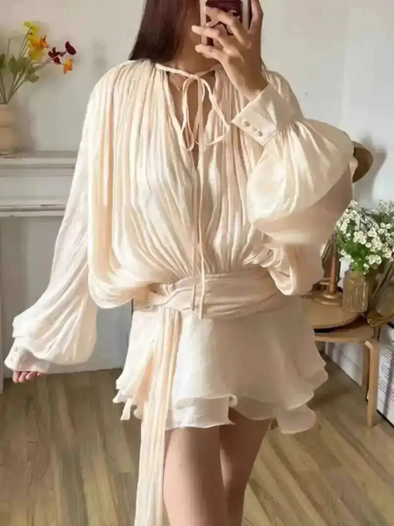 Women's Chiffon V-Neck Lace-Up Mini Dress
